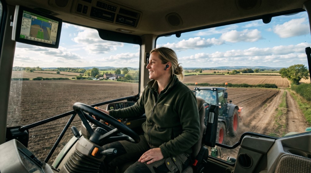 Farmer listening to audio briefing in tractor cab