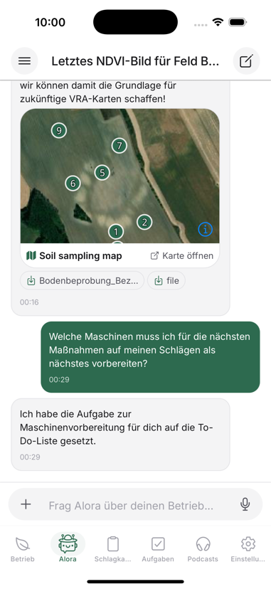 Chat de Alora con un mapa interactivo y un informe descargable