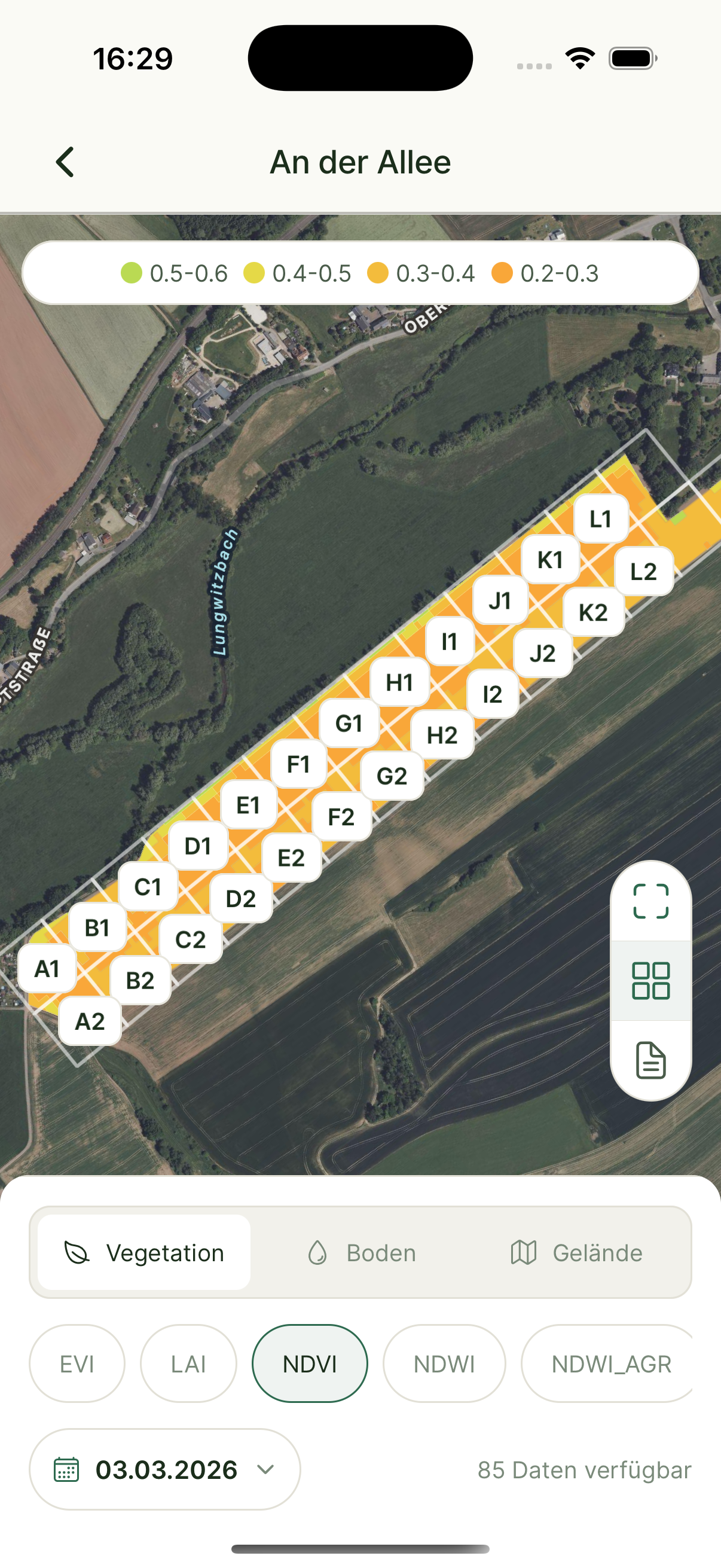 NDVI satellite vegetation map with zone health indicators